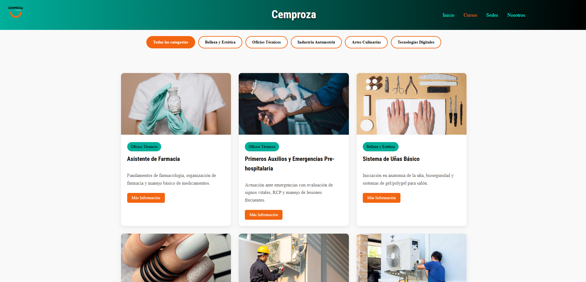 Captura de pantalla de la página de cursos