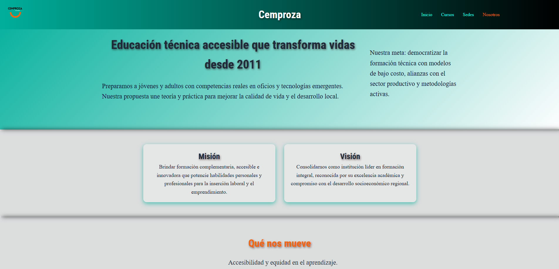 Captura de pantalla de la página Nosotros