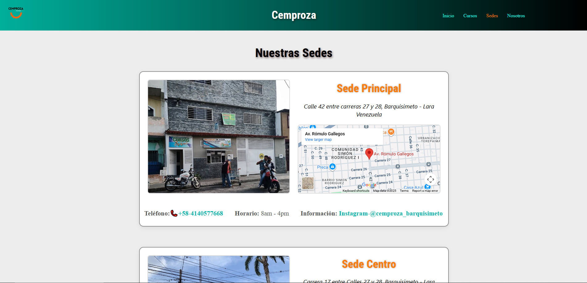 Captura de pantalla de la página de sedes